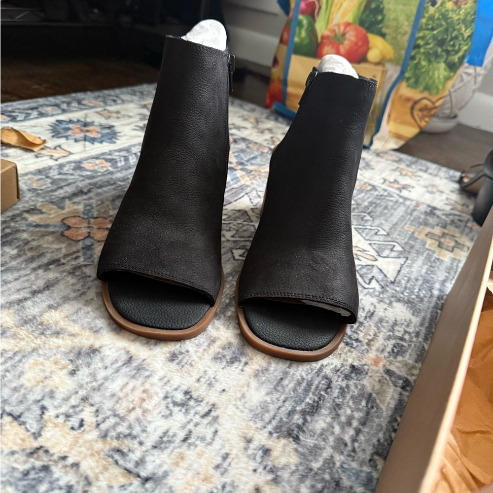 Lucky Brand Black Heeled Boots with Peep-Toe Design